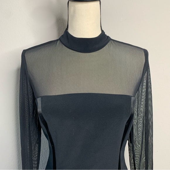 Oleg Cassini Black Sheer Mesh Long Sleeve High Split Maxi Formal Maxi Gown - Picture 6 of 16